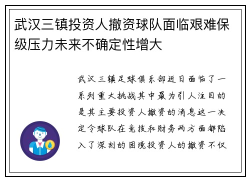 武汉三镇投资人撤资球队面临艰难保级压力未来不确定性增大 武汉三镇投资人撤资球队面临艰难保级压力未来不确定性增大