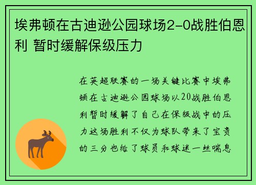 埃弗顿在古迪逊公园球场2-0战胜伯恩利 暂时缓解保级压力 埃弗顿在古迪逊公园球场2-0战胜伯恩利 暂时缓解保级压力