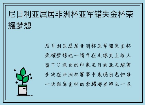尼日利亚屈居非洲杯亚军错失金杯荣耀梦想 尼日利亚屈居非洲杯亚军错失金杯荣耀梦想